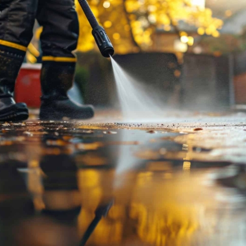 Man using a pressure washer to clean pavement, showcasing power washing services for commercial and residential cleaning needs.