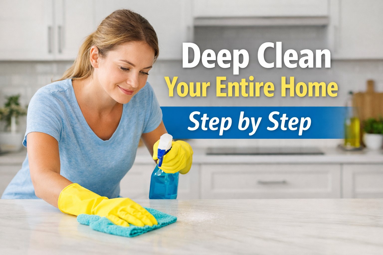 Deep cleaning kitchen countertop with microfiber cloth
