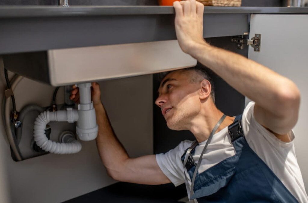 Handyman checking a washing machine supply line for leaks in an Orlando rental property