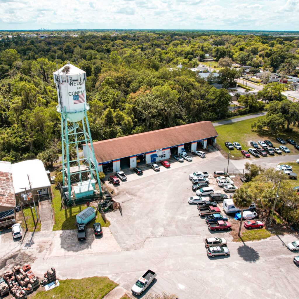 Aerial view of the old water tower in downtown Oviedo, Florida