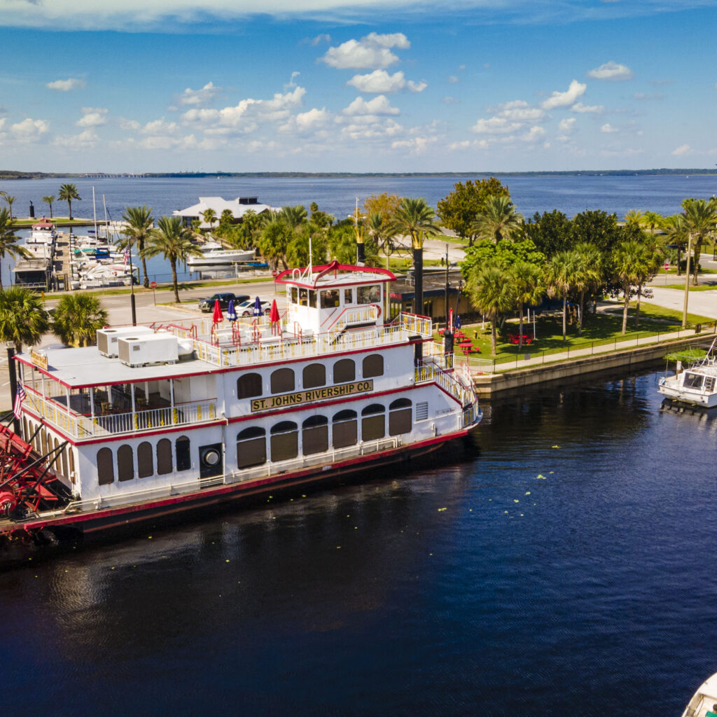 Aerial view of the Barbara-Lee sternwheel riverboat docked at the Sanford marina on Lake Monroe, Sanford, Florida